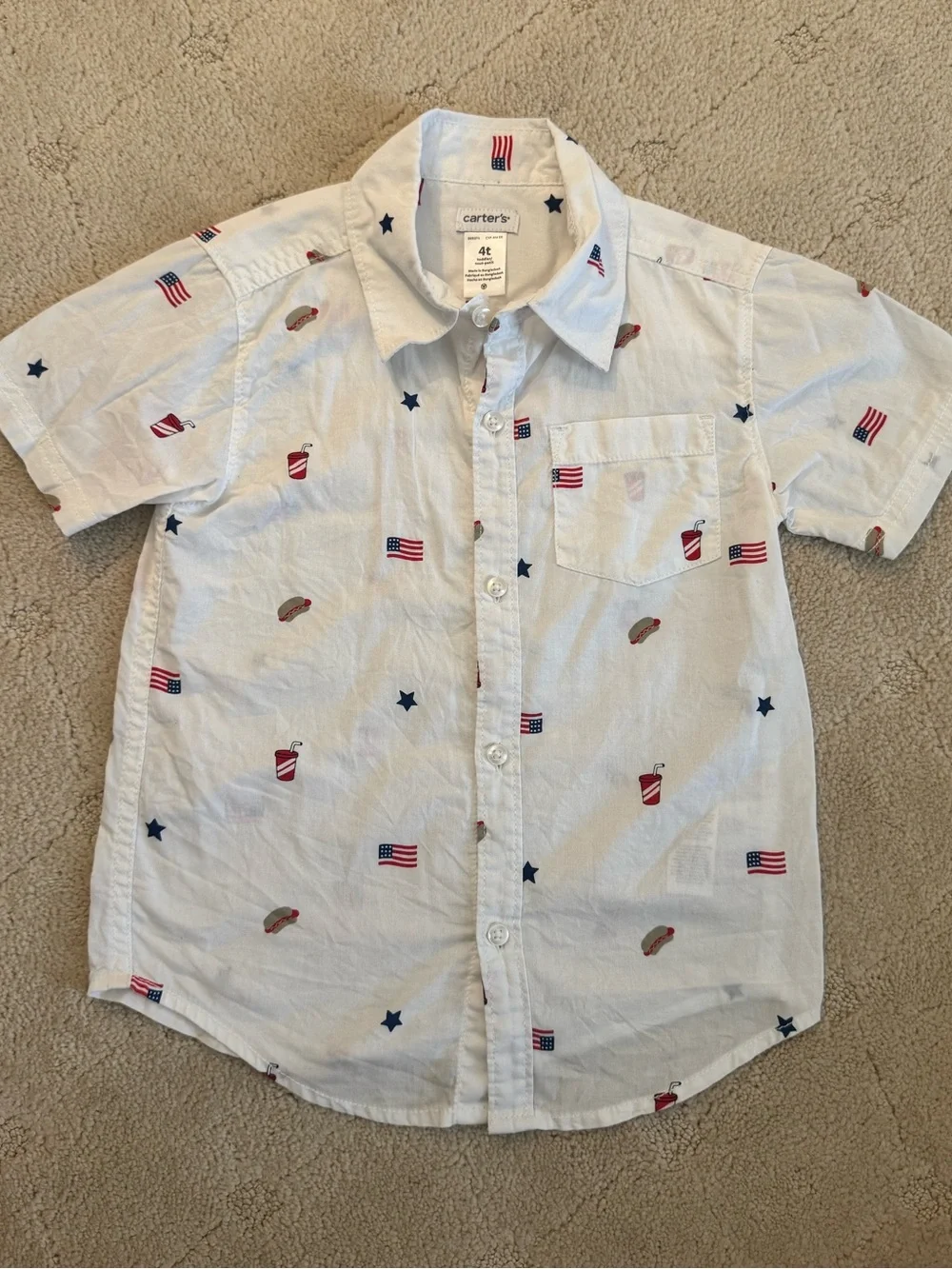 Carter's White Short-Sleeve Button-Down Shirt with Red & Blue Patriotic Motifs